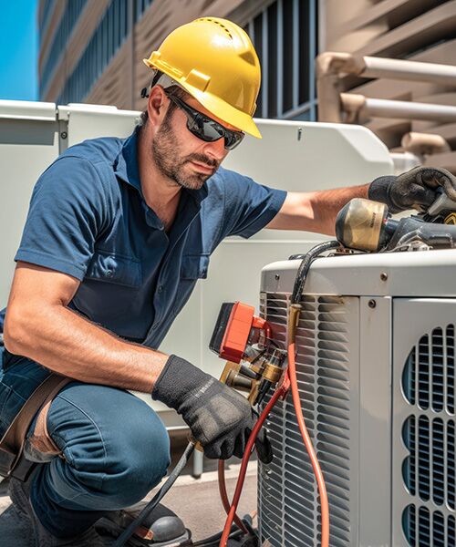 Technician working on air conditioning outdoor unit on hot sunny HVAC in Fresno CA